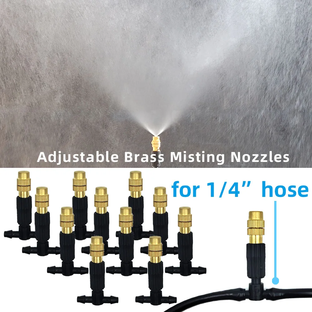 15M-30M Outdoor Misting Cooling System Garden Irrigation Watering 1/4\'\' Brass Atomizer Nozzles 4/7mm Hose for Patio Greenhouse