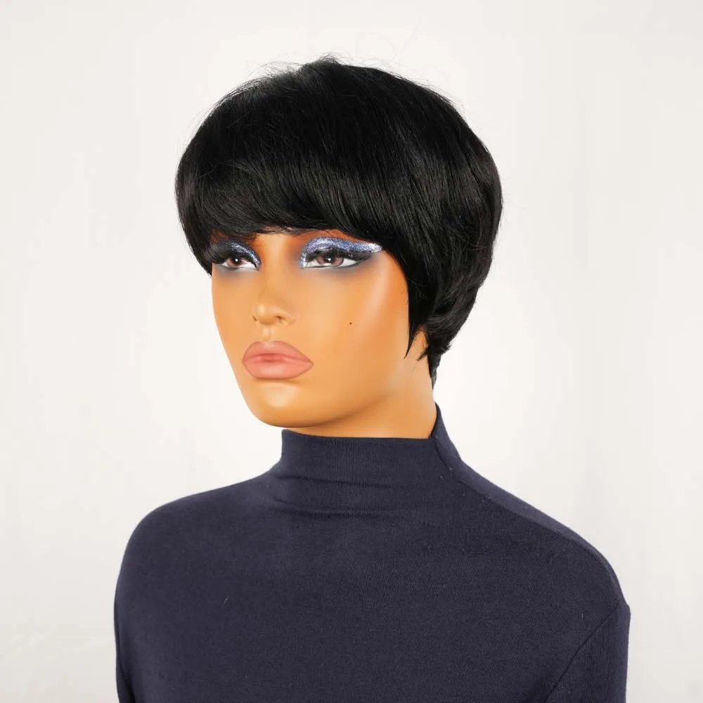 앞머리가 있는 짧은 인모 레미 인모 픽시컷 가발 (흑인 여성용) 자연스러운 검정색 기계식 가발 (일상용)