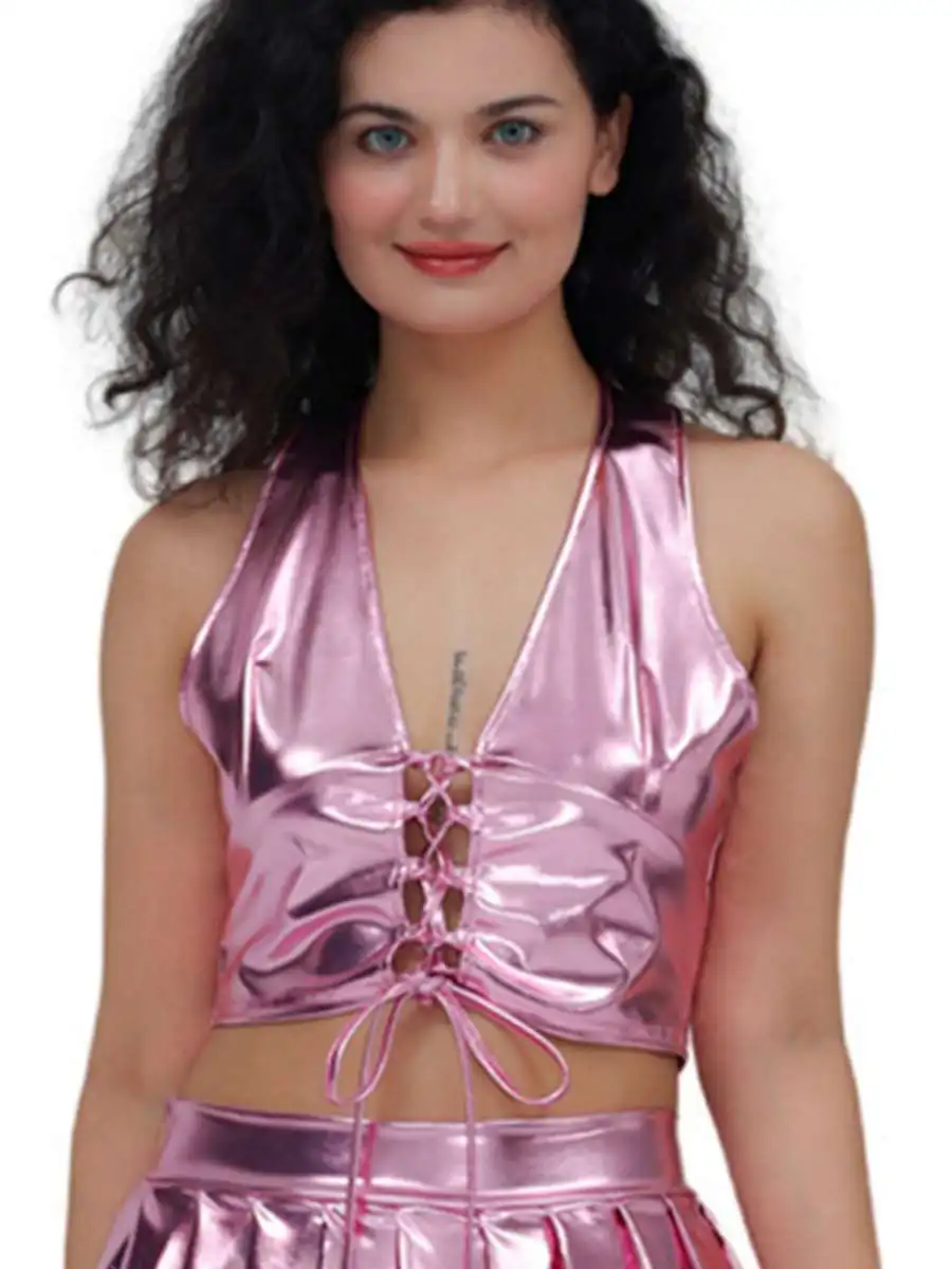 Hot Girl Leather Vest Neck Hanging Metal Color Performance Party Activity Outfit Home Cross-Border Women's Fashion