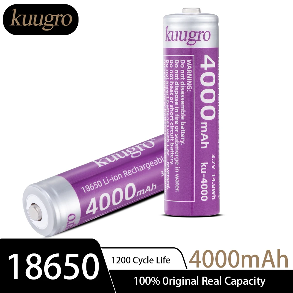 

kuugro ku-4000 Pointed Battery 18650 4000mAh 3.7V Highest Capacity Rechargeable Lithium Batteries 12A Discharge for Flashlight