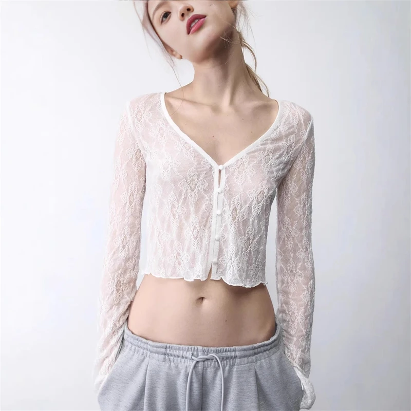 

Женский кружевной кардиган, тонкий приталенный короткий топ с длинными рукавами, весна-лето, повседневная офисная одежда, верхняя одежда, прикрывающая блузка, рубашка