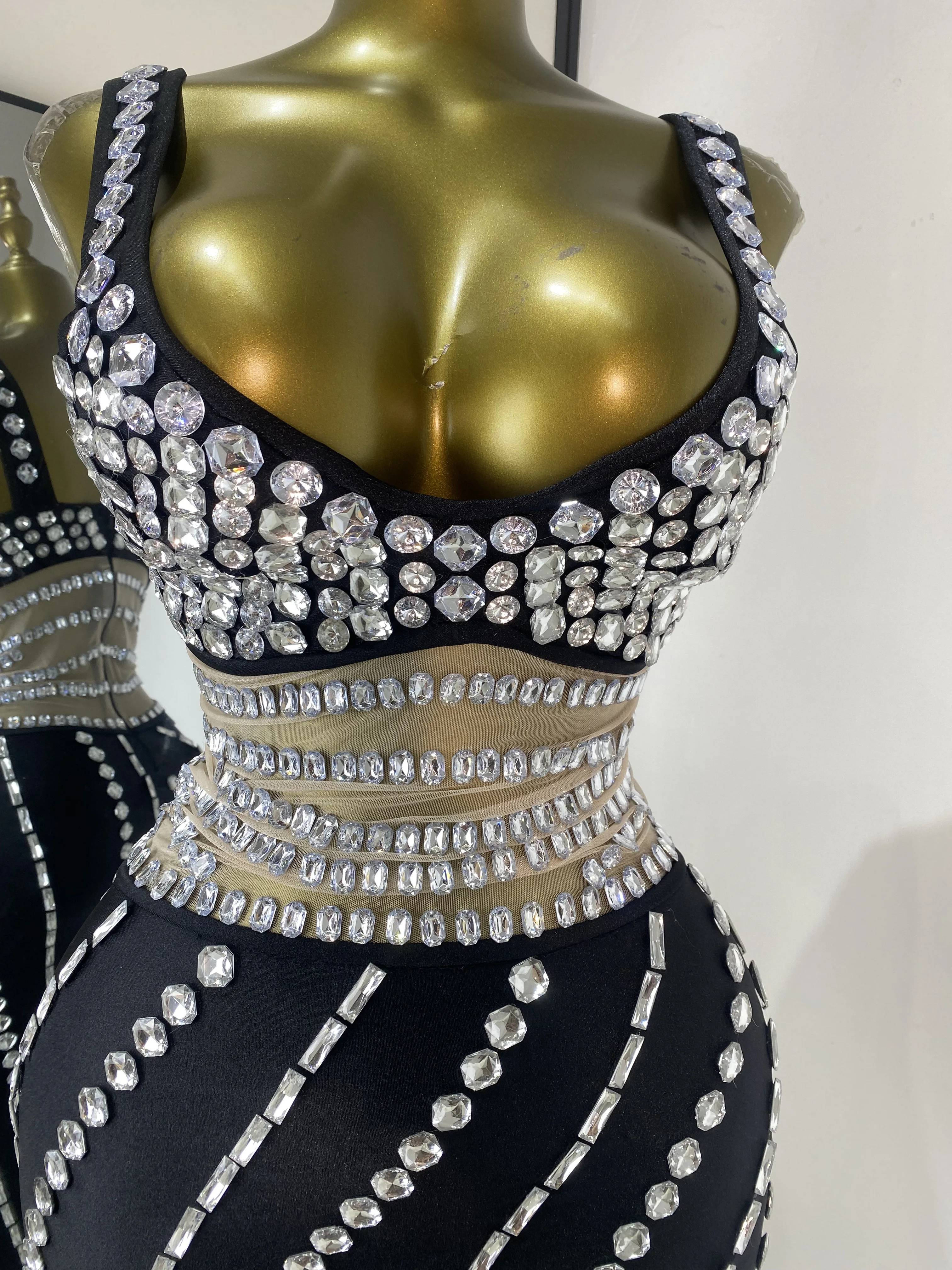 

Women Luxury Party Dresss High Elastic Rhinestones Tulle Inset Open Leg Long One Piece Celebrity Evening Gowns Stage Costumes