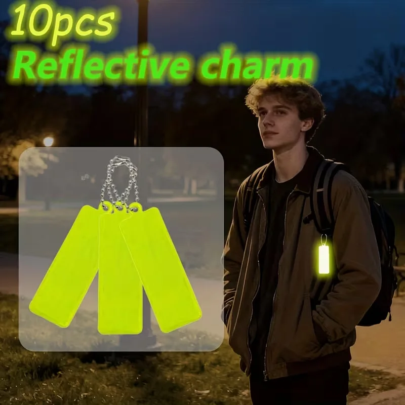 10pcs Protective Reflective Zipper Pull Charm,Night Glow Warning Keychain Pendant, Safety Accessory for Night Outdoor Activities