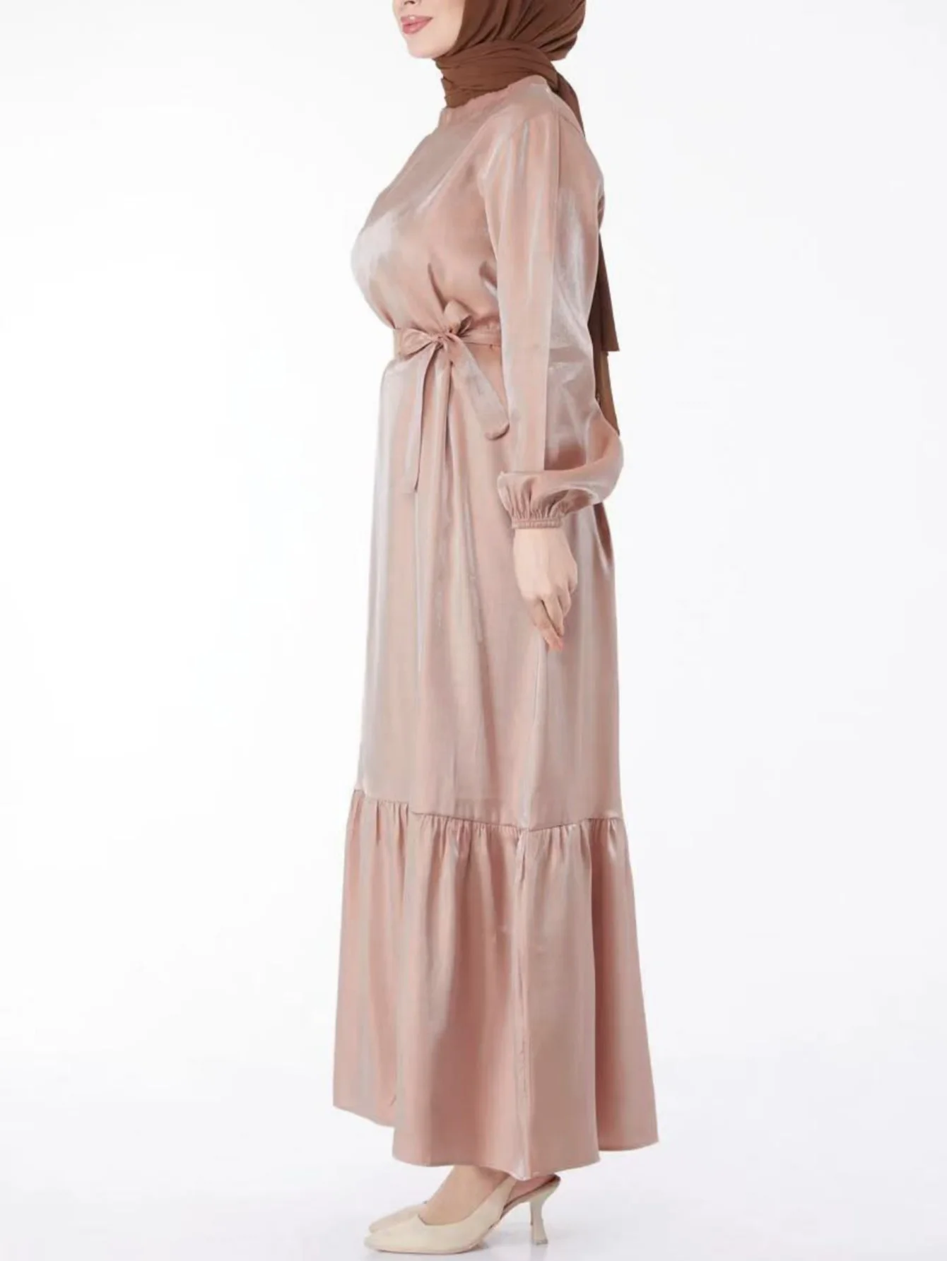 Solid color ruffled Hem Design Lace-up long-sleeved fashion dress with belt)