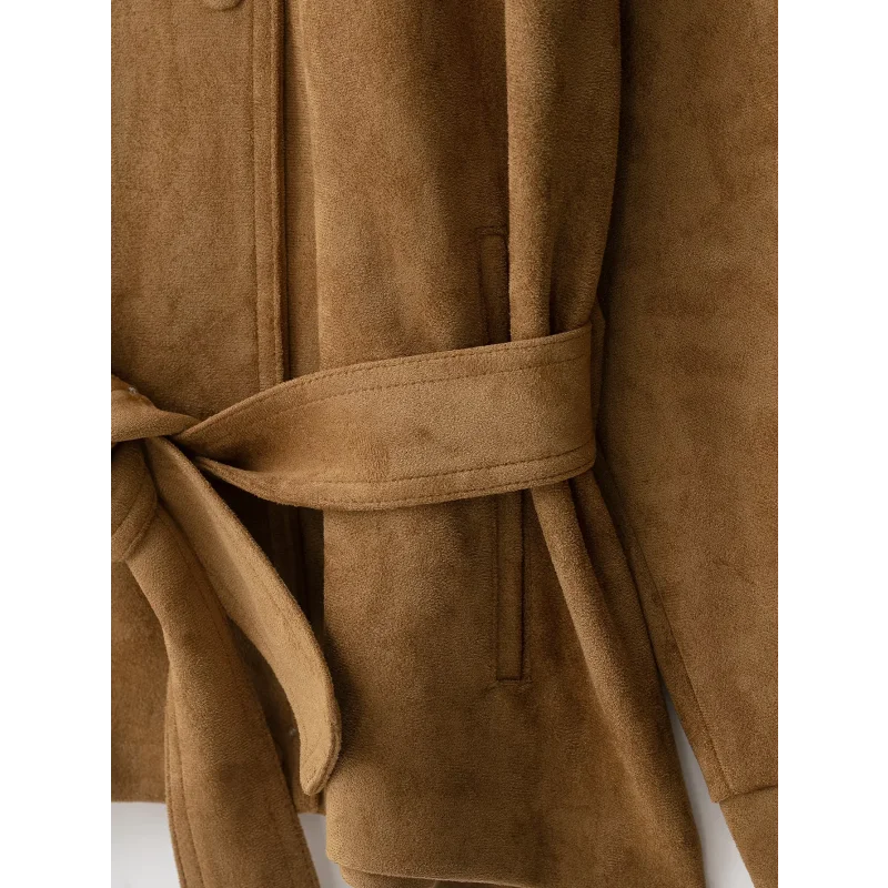 Damen Herbst Winter Hochkragen Wildlederjacke Einfarbig Einreihig Langarm Gürtel Tailliert Lockerer Mantel Lässige Mode Streetwear – Detail 23