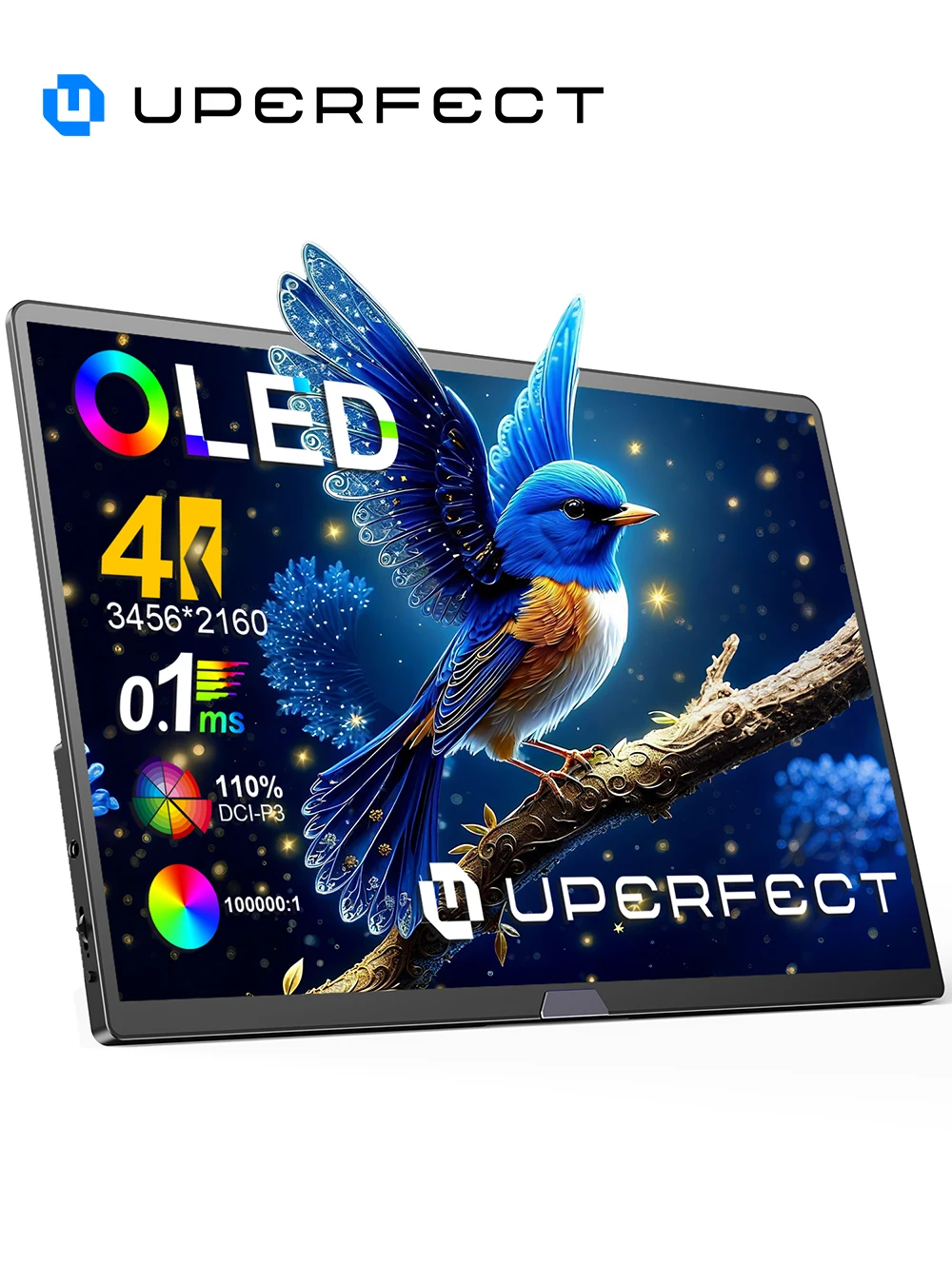 UPERFECT 4K OLED tragbarer Monitor 15,6' UHD 60 Hz für 100 % DCI-P3 1 MS 500 Nits mit Lautsprecher und Ständer USB-C HDMI für Laptop PC Mac PS4/5