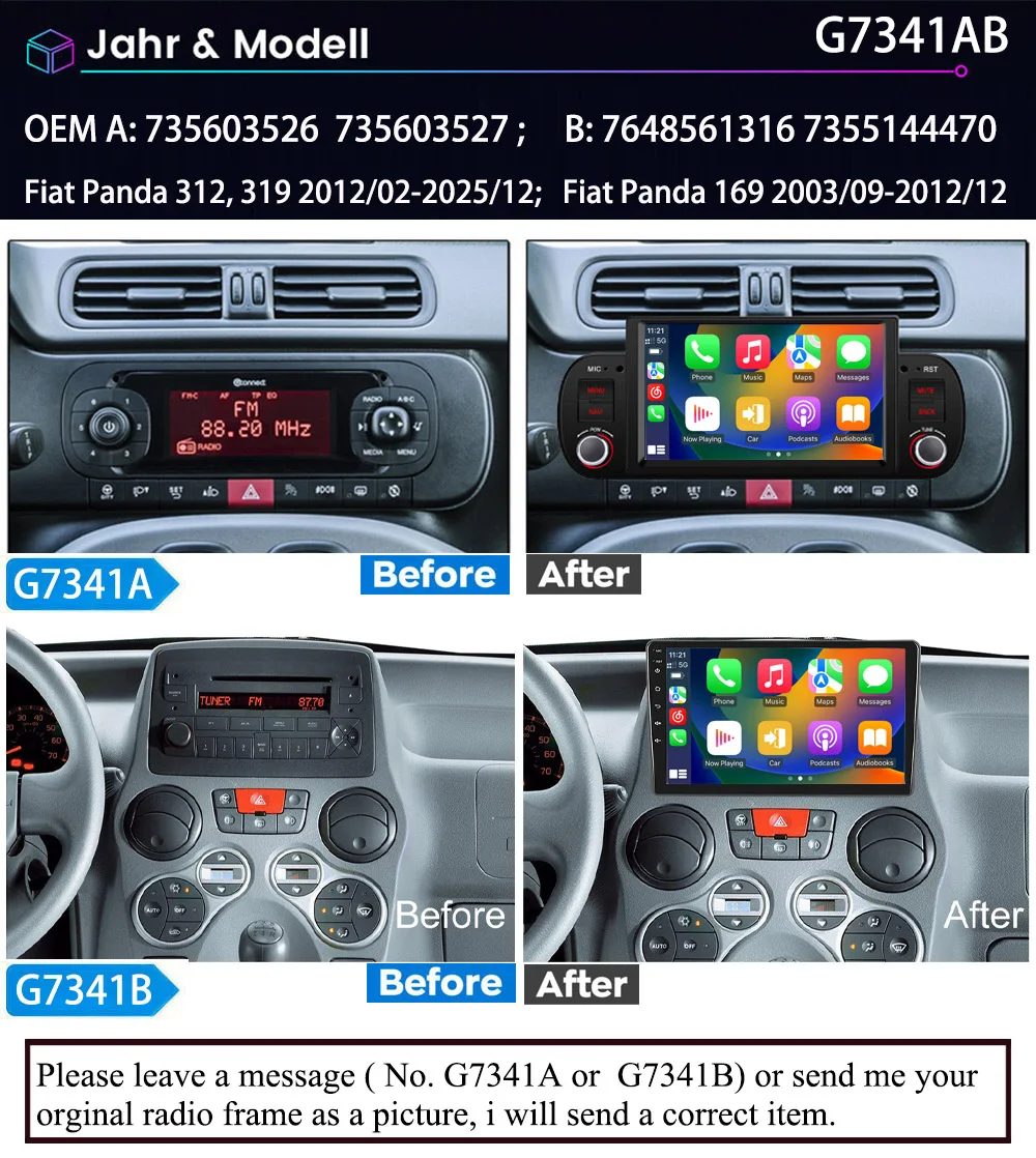 Android car radio with Bluetooth Carpaly GPS Navigation+ HD reverse camera for Fiat Panda 312 319/PANDA II 2 OEM 735603526