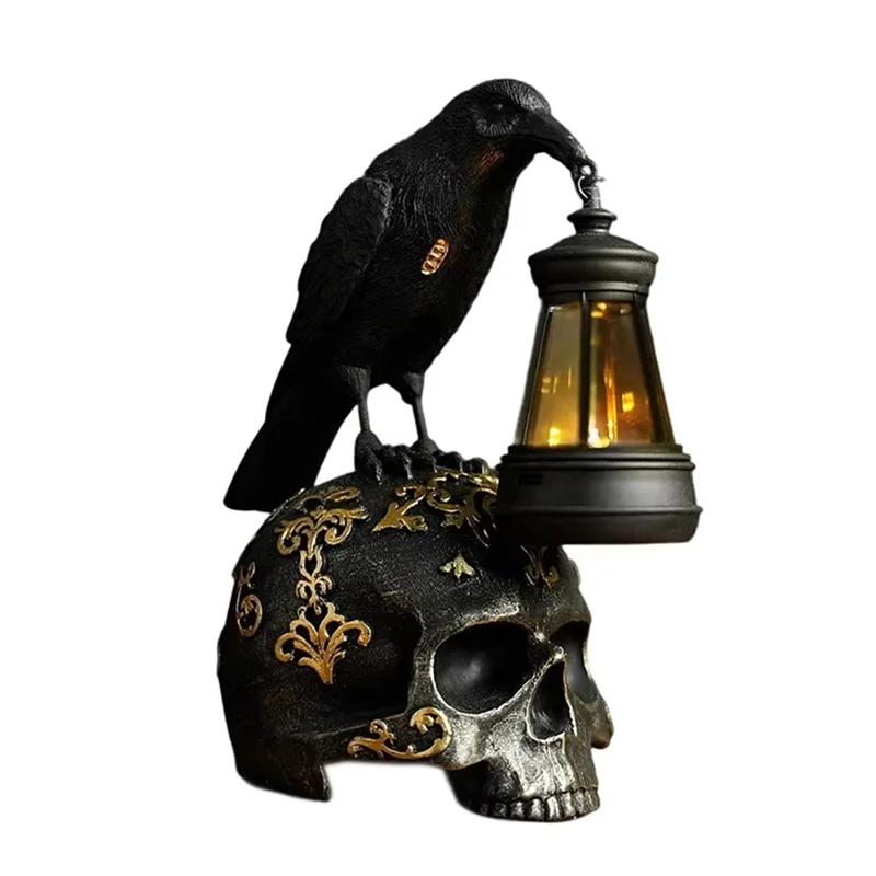 Mophe-para decorações de halloween resina corvos crânio lâmpada escultura luz noturna design gótico escuridão