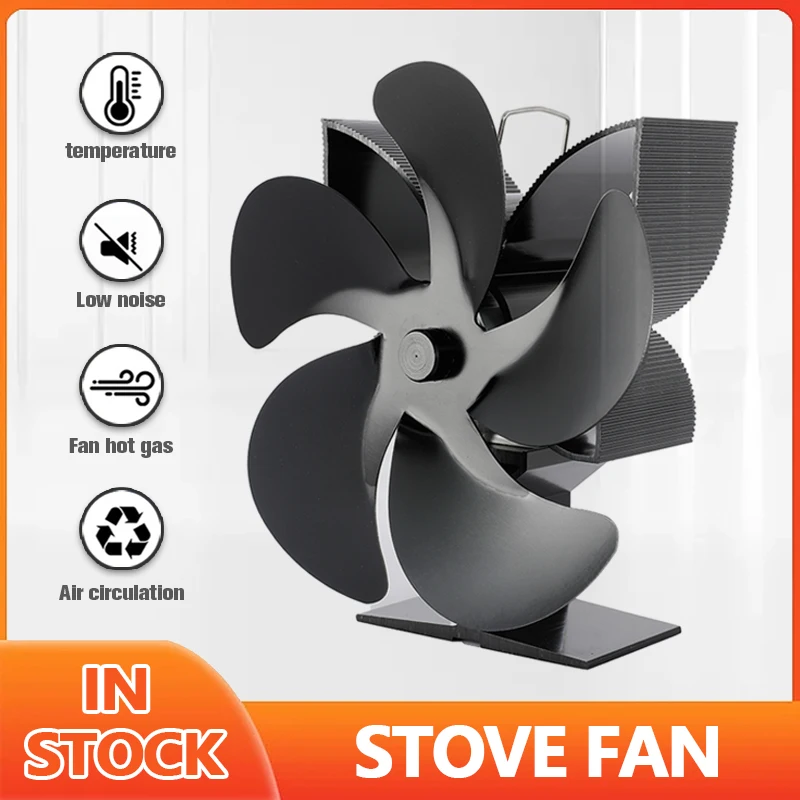 

Black 5 Blades Heat Powered Stove Fan Log Wood Burner Eco Friendly Fan Quiet Home Fireplace Fan Efficient Heat Distribution New