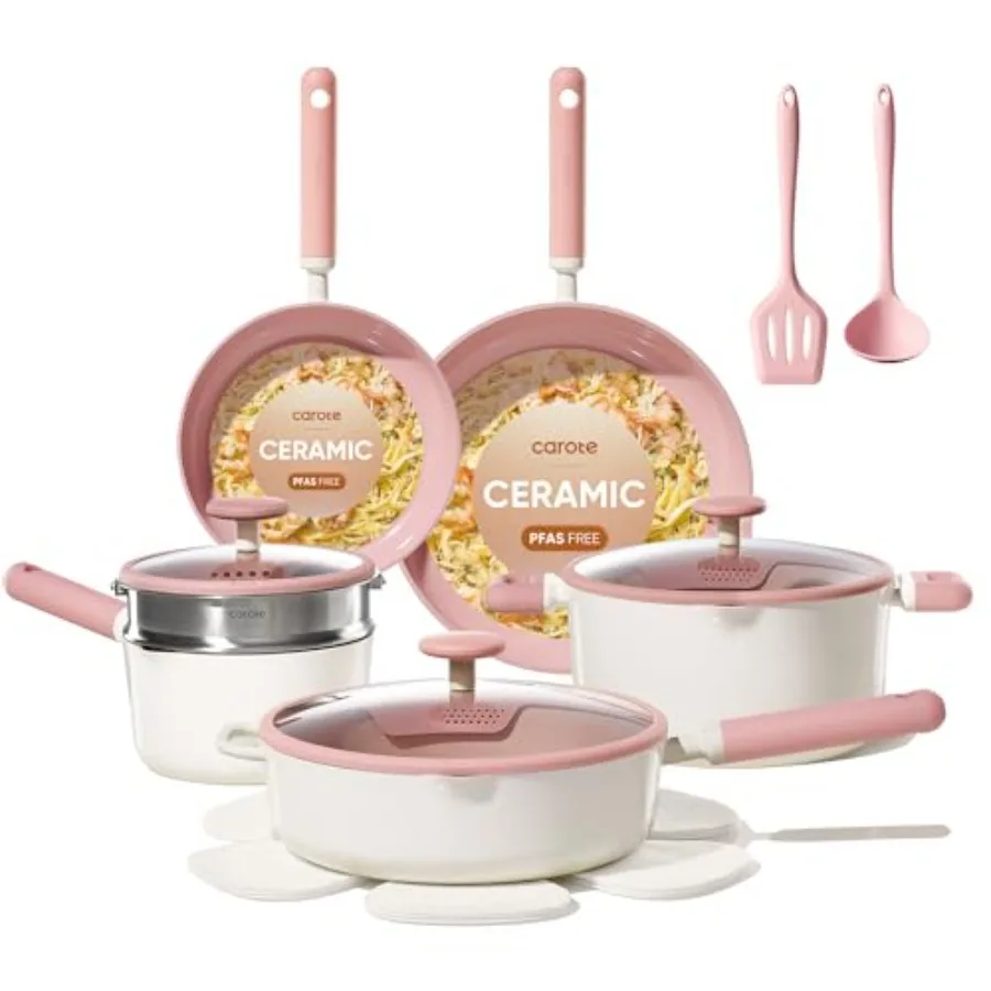 Pink Ceramic Nonstick Cookware Set 15pcs Pots and Pans with Kitchen Utensils Non Toxic Dishwasher Safe Ideal for RV Camping Use