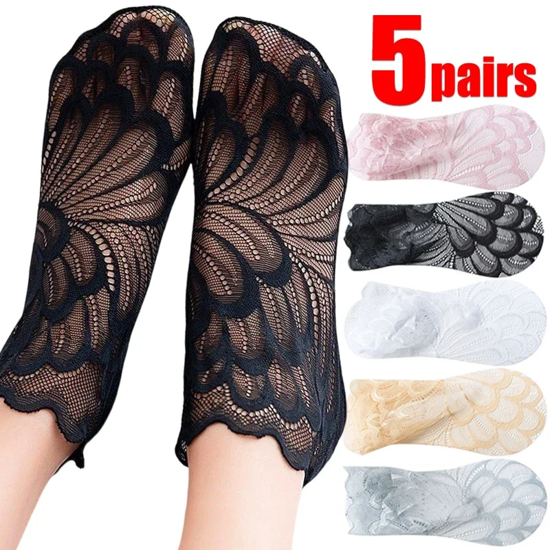 Lolita Women Invisible Lace Socks Thin Ladies Lace Boat Socks Hollow Non-slip Shallow Transparent Breathable Socks Women