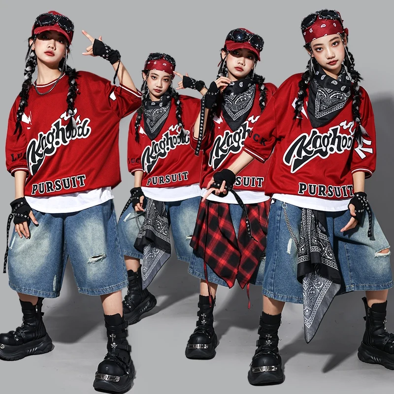 Hip Hop Kostüm Street Dance Outfit Kinder Leistung Bühnenkostüm Übergröße Rot Top Denim Shorts Mädchen Jazz Dancewear 2134