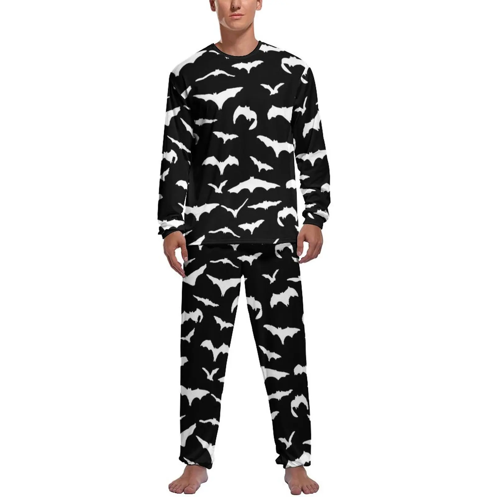 White Flying Bats Pajamas Long Sleeve Halloween 2 Pieces Bedroom Pajama Sets Autumn Man Printed Soft Nightwear