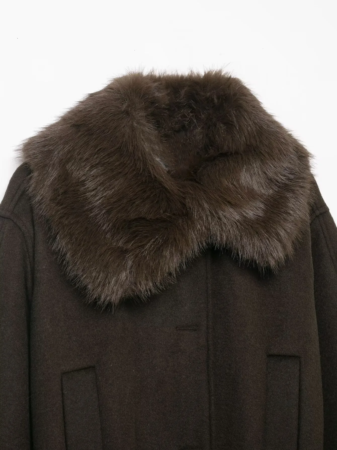 Damska kurtka wełniana z futrzanym kołnierzem, z długim rękawem, z paskiem, w jednolitym kolorze, modna i uniwersalna, nowy styl na jesień i zimę 2025.