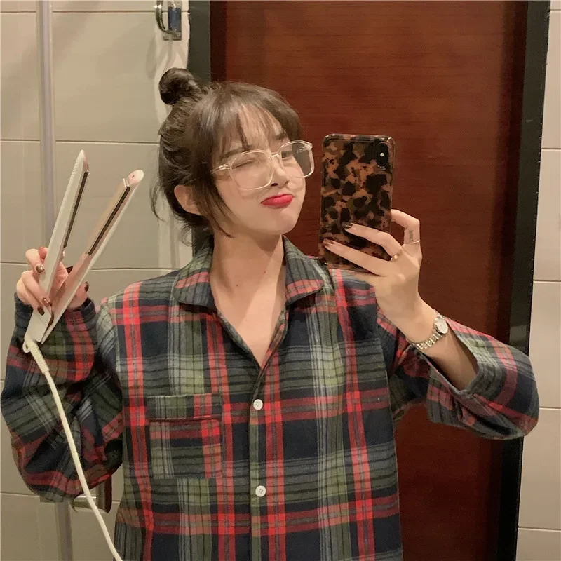 sanding couple home clothes plaid wine red green winter pajama set outwear women men sleepwear suit home service korean L852