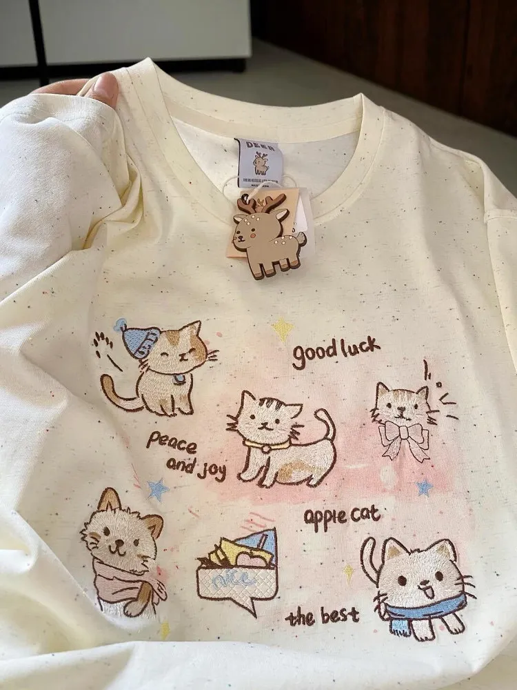 

Sweet Embroidered Polka Dot Short Sleeve Women's T-shirt Summer Loose Korean Style Casual Cotton round Neck Top