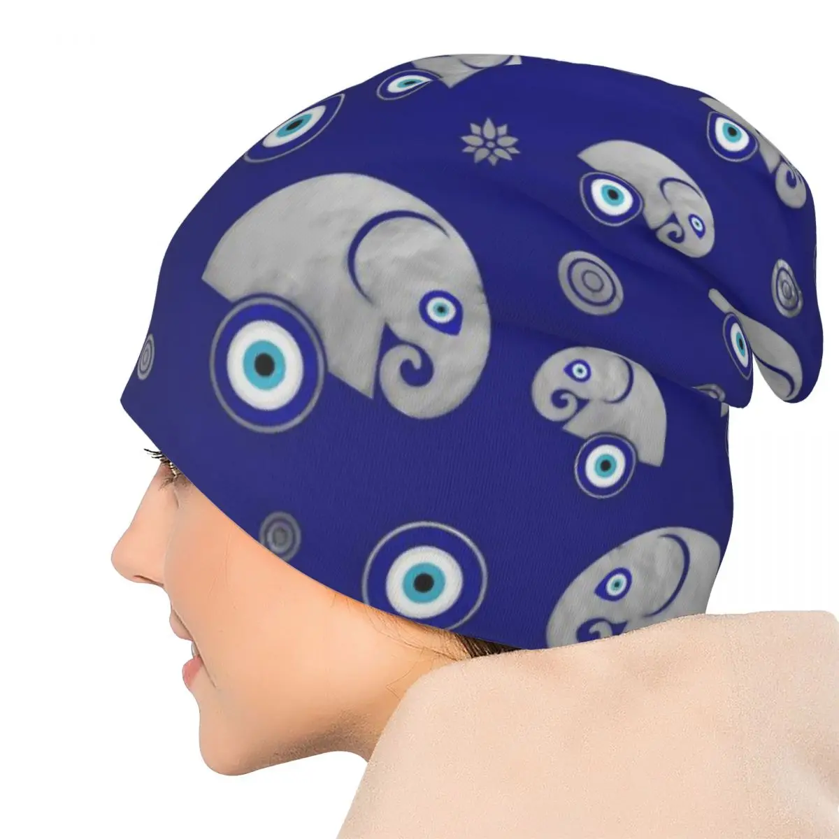 Elefant Evil Eye Bonnet Hüte Animal Print Beanie Hüte Muster Strickmütze Frühling Vintage Unisex Erwachsene Gym Head Wrap Caps