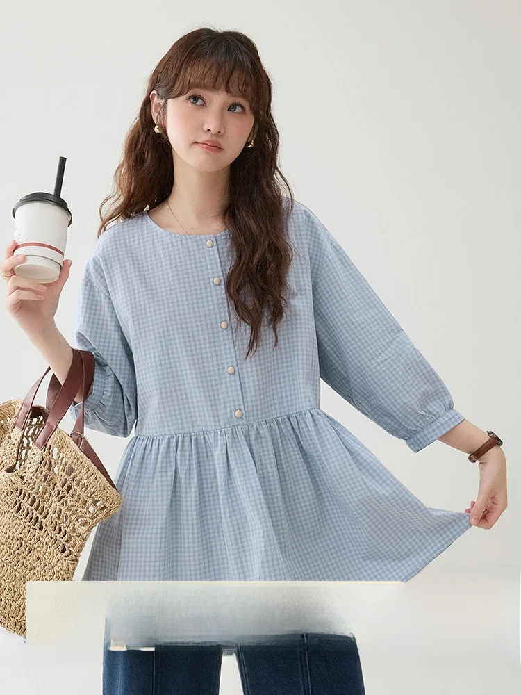 

AMUU Original Anti-Aging Blue Plaid Cotton Shirt Women's Spring New Loose Doll Top Eight-Sleeve Pure Cotton Breathable Comfor...