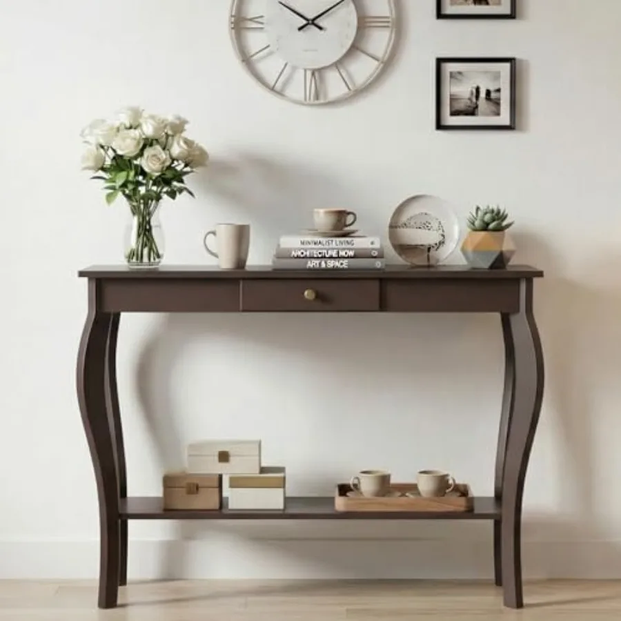 

Narrow console table with drawer for entryway, living room, hallway; espresso wood-look MDF; sleek modern design with open shel
