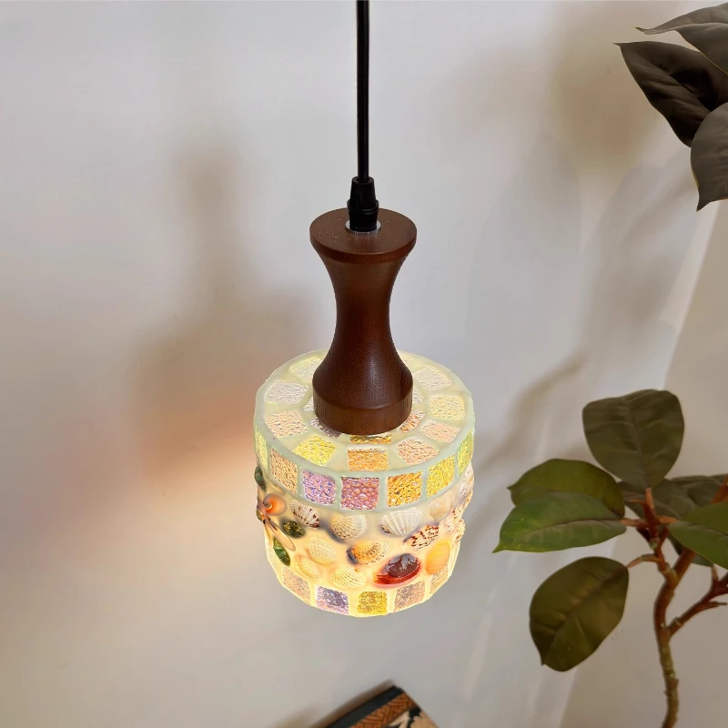 Moden Creative Shell Glass Ceiling Pendant Light Wooden LED Hanging Lamp Living Room Bedroom Restaurant Kitchen Resin Chandelier