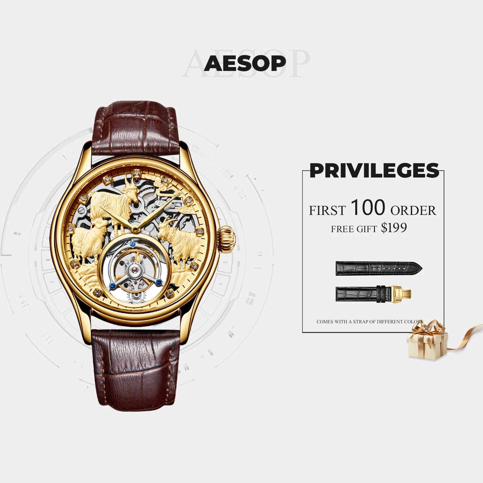 AESOP Luxury Manual Tourbillon Mechanical Watch Men's Mechanical Tourbillon Movement Embossed Sheep Zodiac Personalized Watch