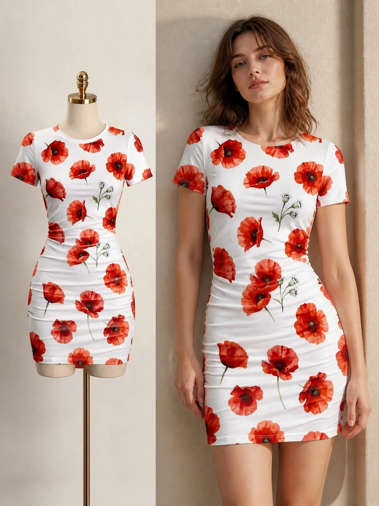 Damen Kurzarm Bodycon Minikleid, schmal geschnitten, Rundhalsausschnitt, Blumenmuster, lässig, Sommer, Party, süß, trendig, schmeichelhaftes Party-Sommerkleid – Detail 9