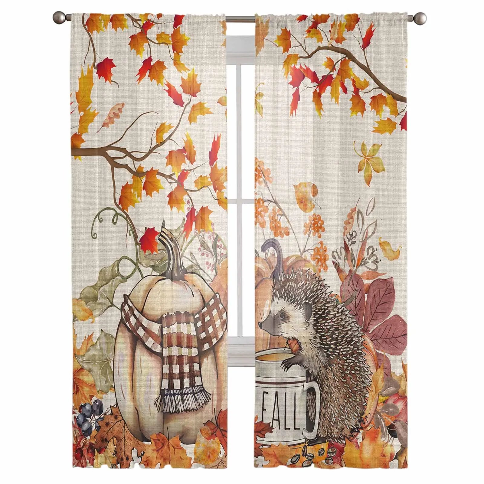 Fall Pumpkin Hedgehog Pine Cone Tulle Curtains for Living Room Bedroom Sheer Voile Curtain Home Decor Kitchen Curtain