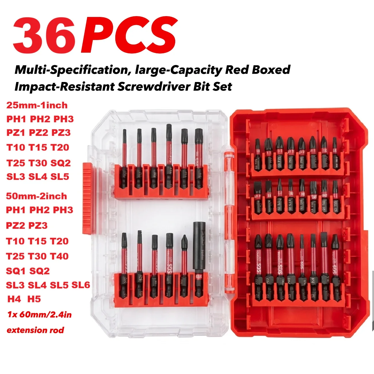 Multifunktionales 36-teiliges stark magnetisches Schraubendreher-Bit-Set aus S2-Stahl, verschleißfest und stoßfest, Bohrer-Bit-Kombination für Elektrobohrer, Ph/Pz/Torx/Hex/Sq/Sl, vollständige Größenauswahl, einschließlich 60-mm-Verlängerungsstange – Detail 2