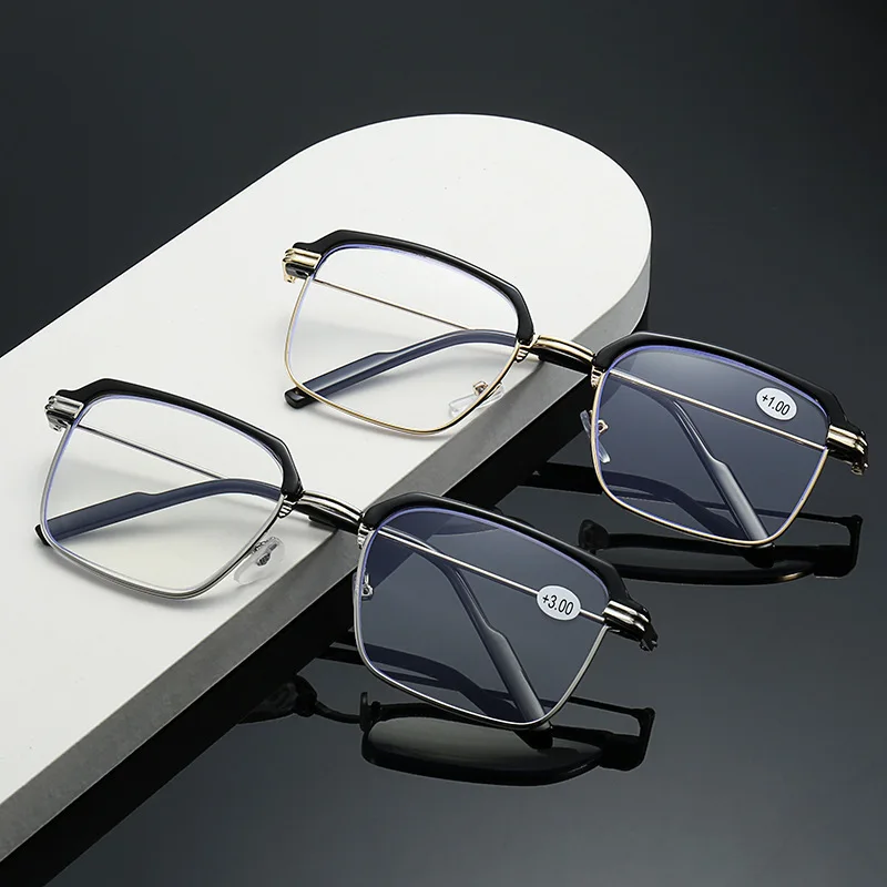 Men Change Color Anti Blue Light Glasses Square Metal Half Frame Presbyopia Eyeglasses Business Hyperopia Optical Spectacles