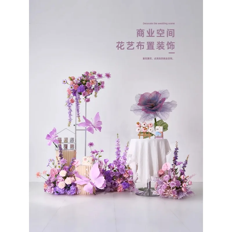 

Fresh purple floral engagement arrangement simulation flower wedding road guide background arch window commercial floral