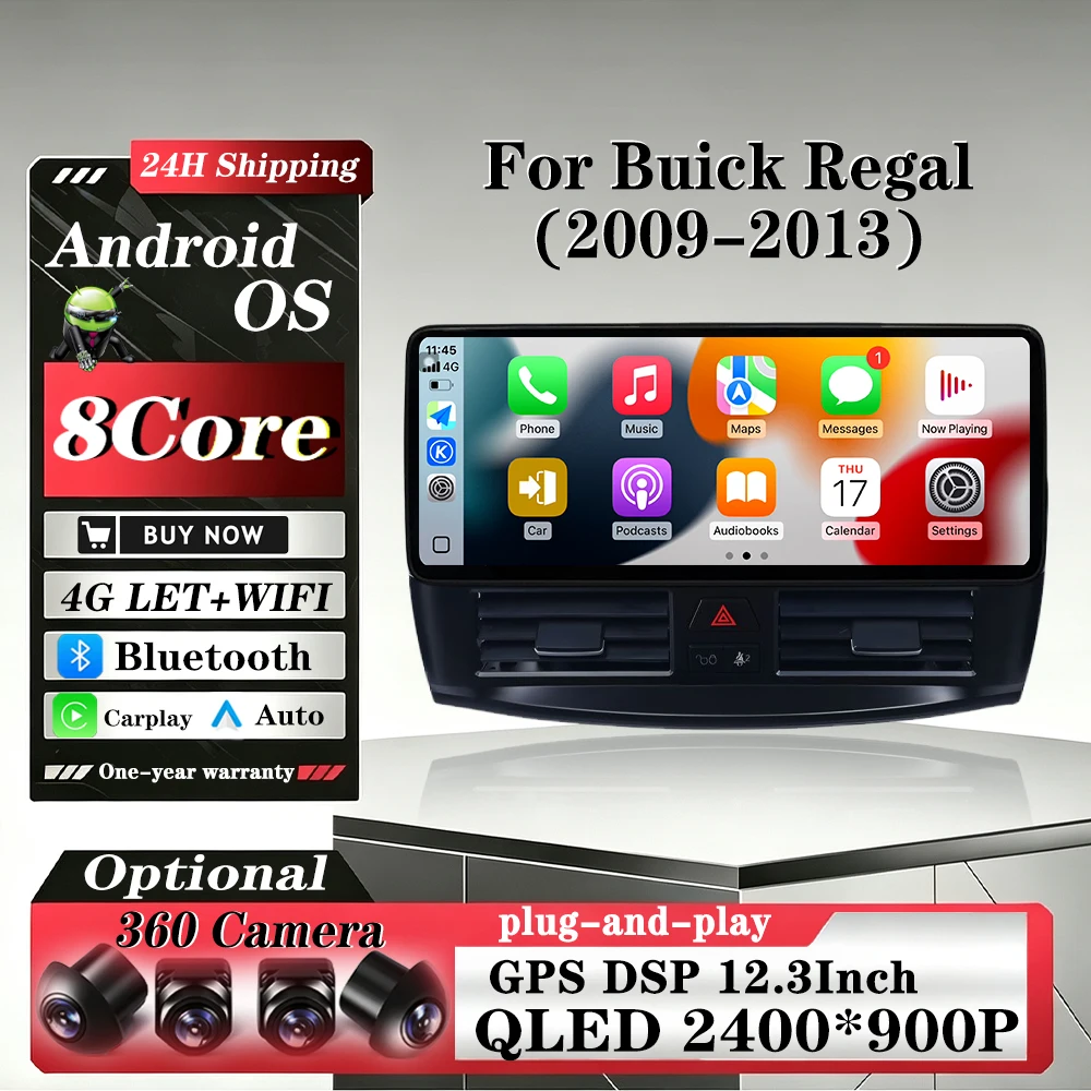 Android 16 For Buick Regal 2009-2013 12.3inch Screen Multimedia GPS CarPlay Stereo NO 2din DVD Autoradio 4G WIFI DVR