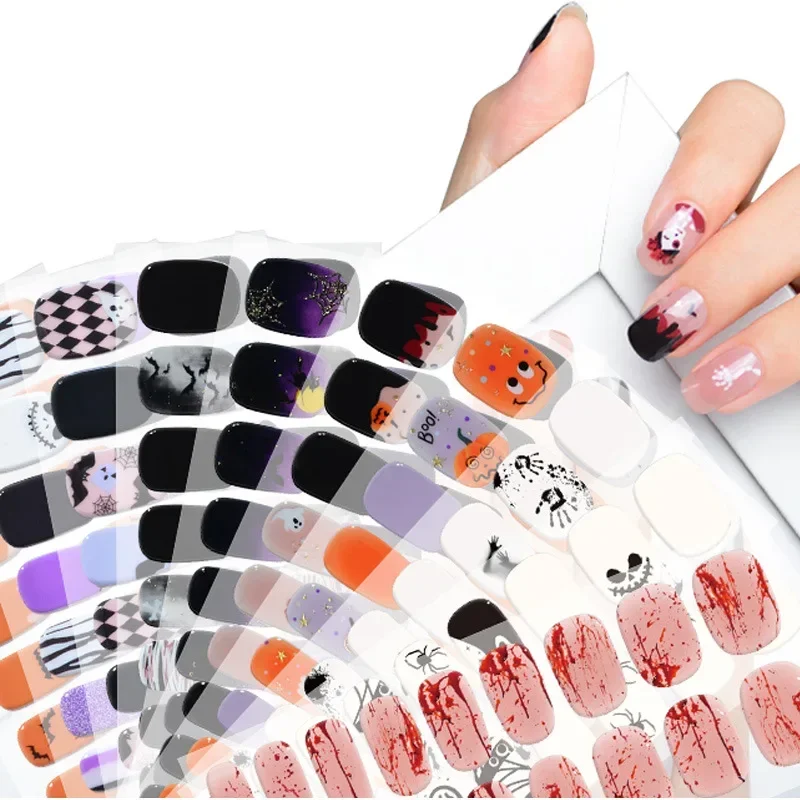 20 Tipps Halloween Semi Cure Nagellack Wraps langlebige wasserdichte Gel Nägel Aufkleber für UV-Lampe brauchen DIY Maniküre