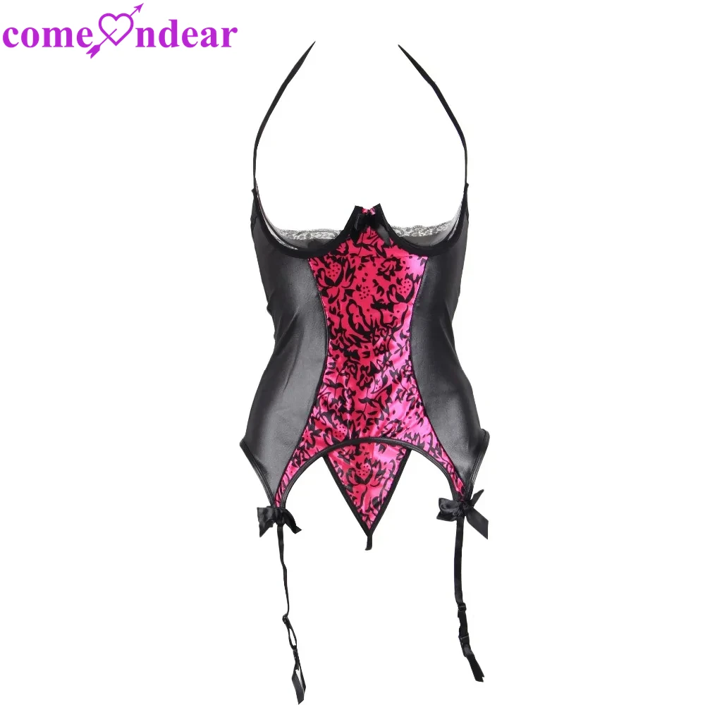 Comeondear Faux Leather Sleepwear Lace Babydoll Sexy Lingerie Bustier With Bow Plus Size Halter Pajamas Open Cup Women Nightwear