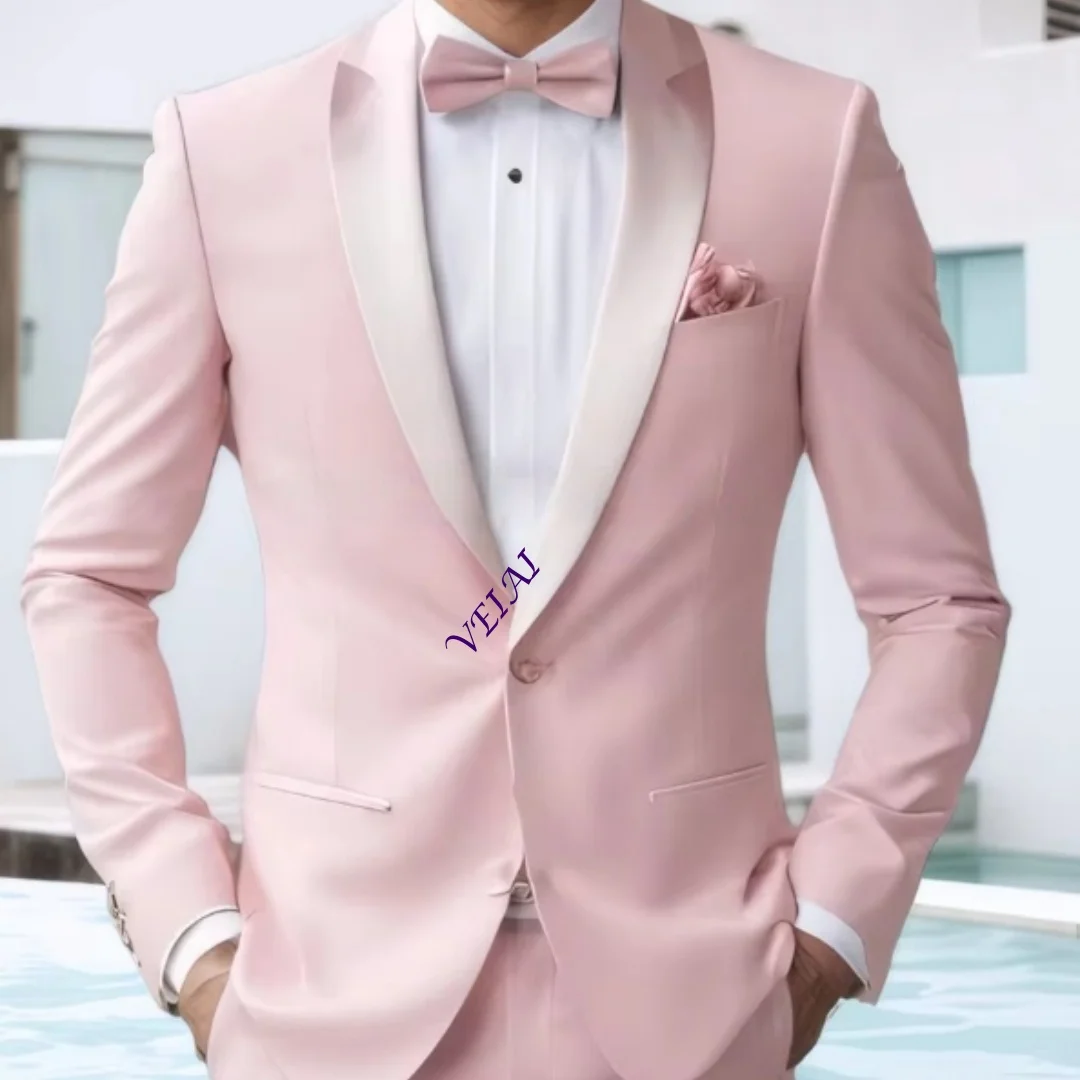 CustomizedHigh Quality Pink Men Suits Elegant Wedding Groomsmen 2 Piece Jacket Pants Outfits Customized Male Clothing Costume Ho