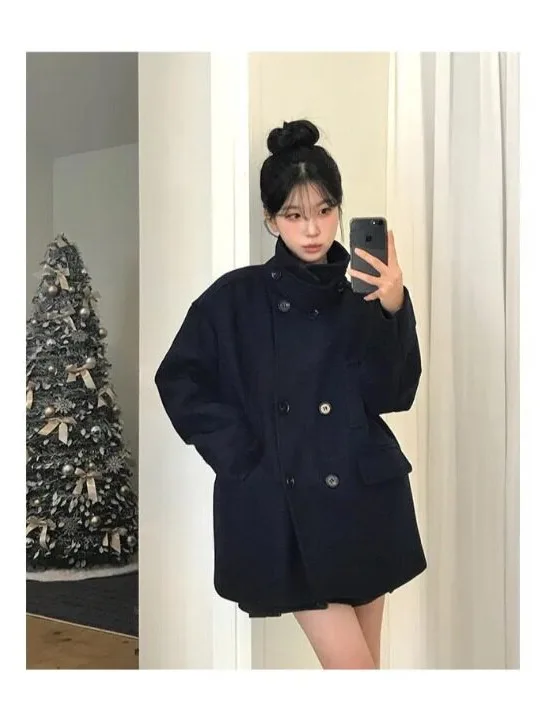 Retro Korean Style Double Breasted Cotton Woolen Coat Women's Autumn Winter Fashion Popular High End Light Maturity Wind Coat