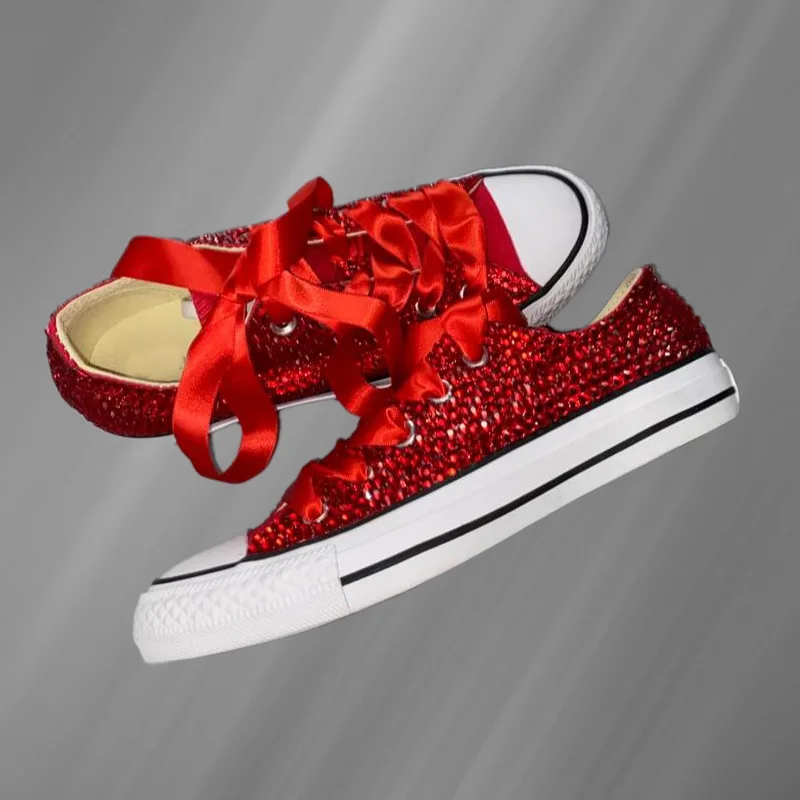 Red Low Cut Rhinestone Ribbon Canvas Shoes Comfortable Walking Sneakers Handmade Rhinestone Vulcanized Shoes 35-46