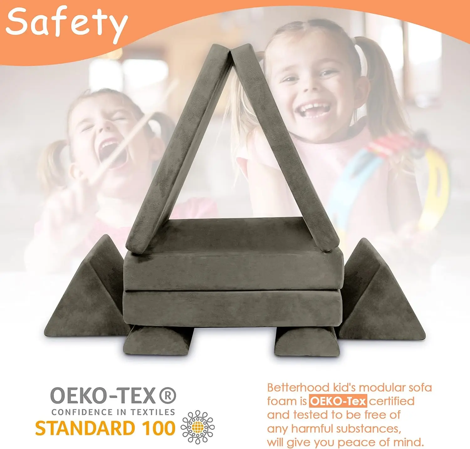 أريكة لعب معيارية كبيرة للأطفال، وسادة فورست إسفنجية، منزل دافئ باللون الرمادي الفحمي