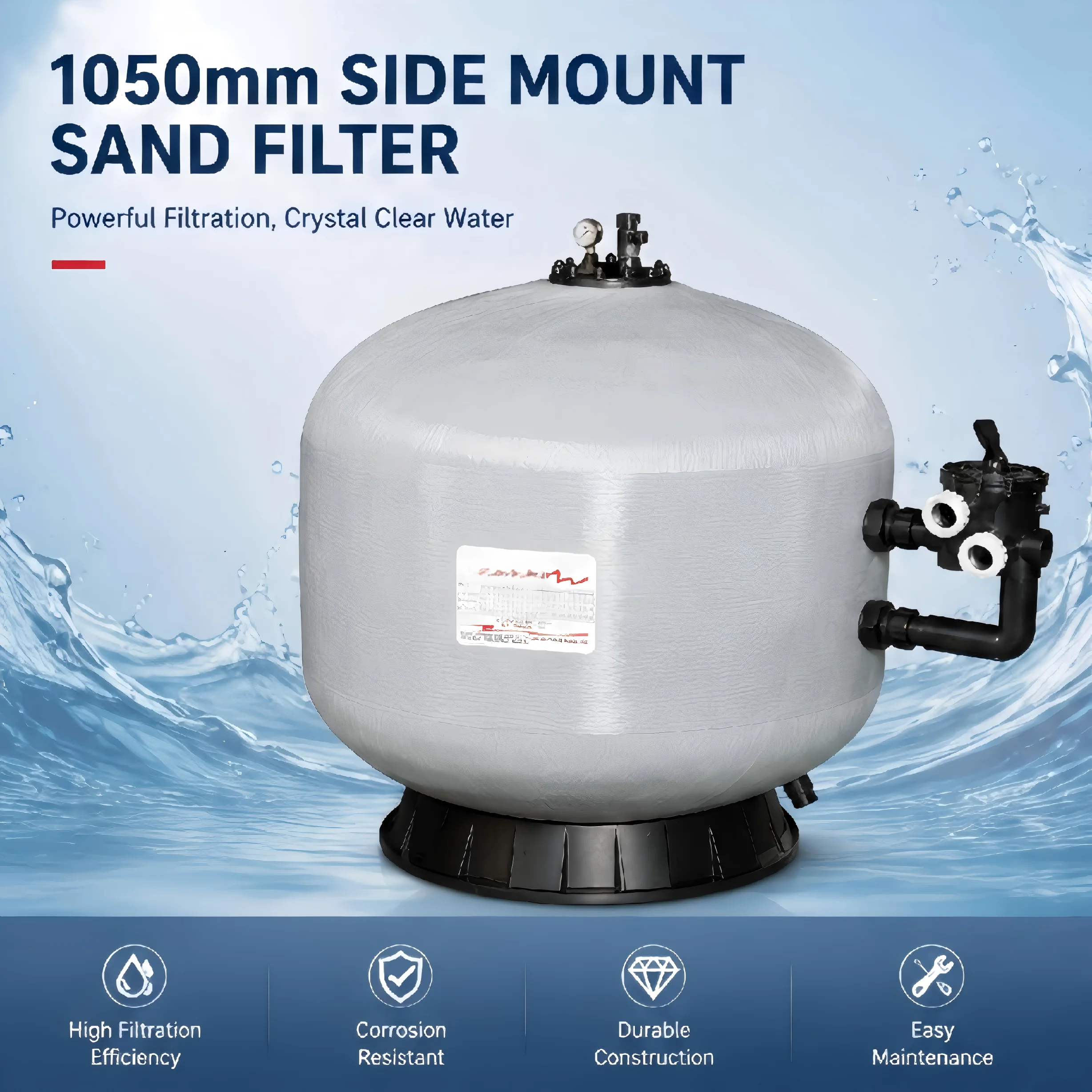 1050mm Fiberglass Side Mount Sand Filter Commercial Swimming Pool Water Filtration System with Multiport Valve