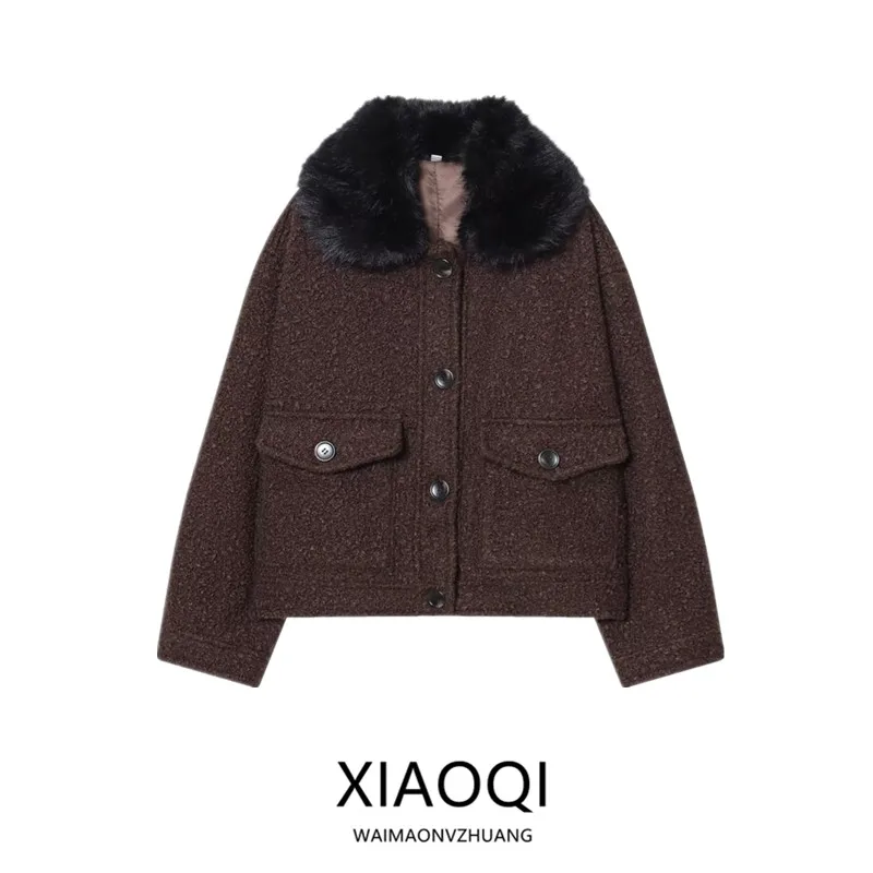 

Autumn Winter Plaid Cloth Jaet Women's Faion Versatile Fur Collar Long Sve Button up Coat Commute Sle New Arrival