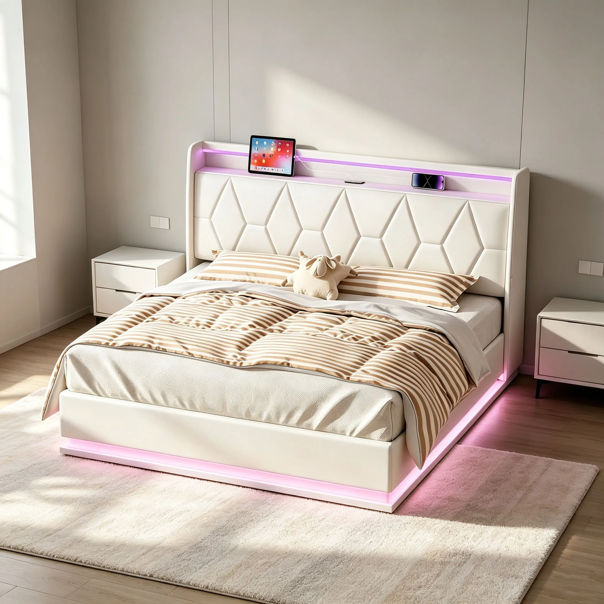 Superaly, struttura letto imbottita in velluto bianco, 140x200 cm, letto con contenitore a scomparsa e meccanismo idraulico, testiera trapuntata, solida base in legno a doghe, letto matrimoniale