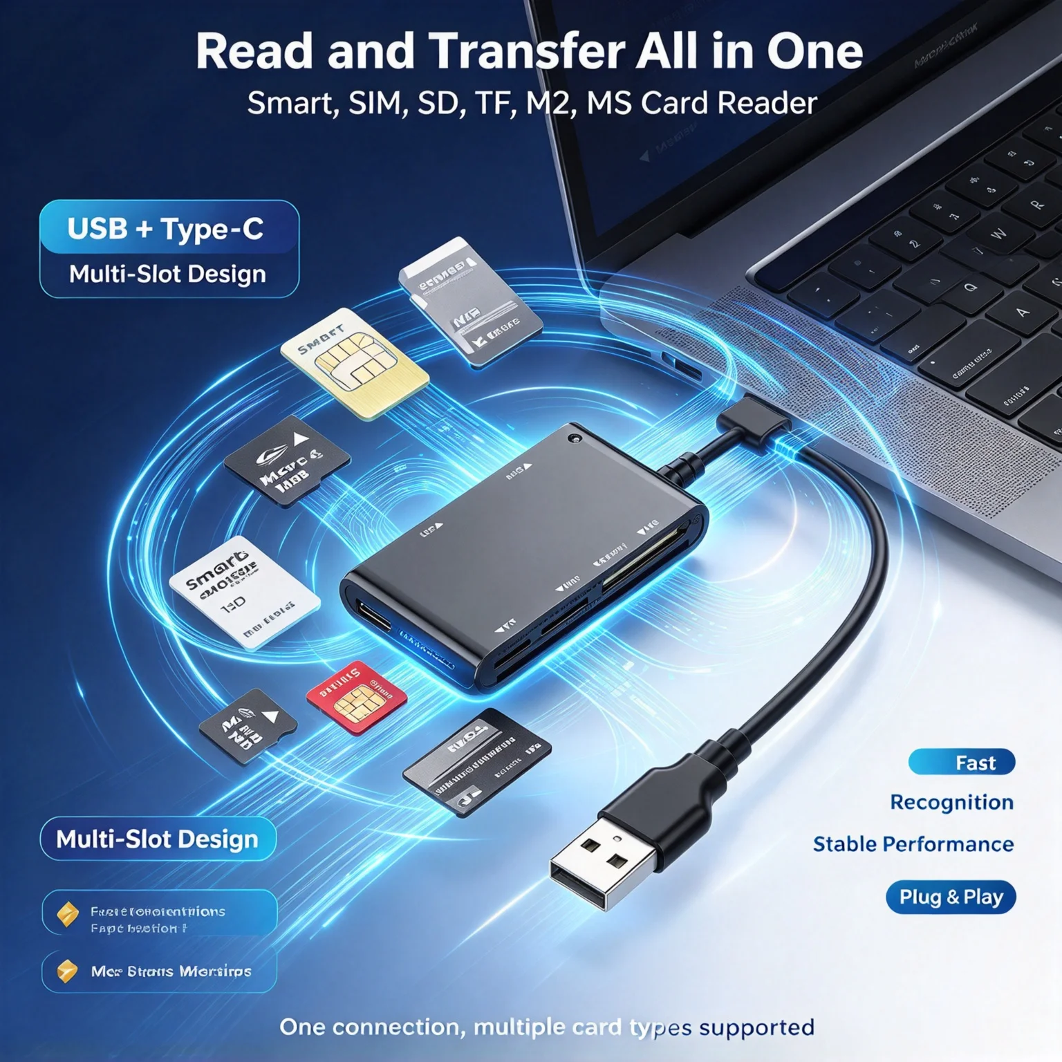 6-in-1 USB Smart Card Reader for SD TF MS M2 SIM ID Bank Social Security Cards Multi-Function Memory Card Adapter