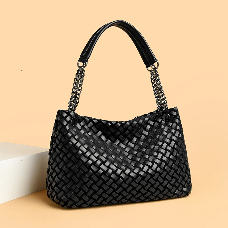 

High Quality Pu Leather Knitting Shoulder Messenger Crossbody Bags for Women Luxury Chain Handbag Ladies Large Capacity Tote Sac
