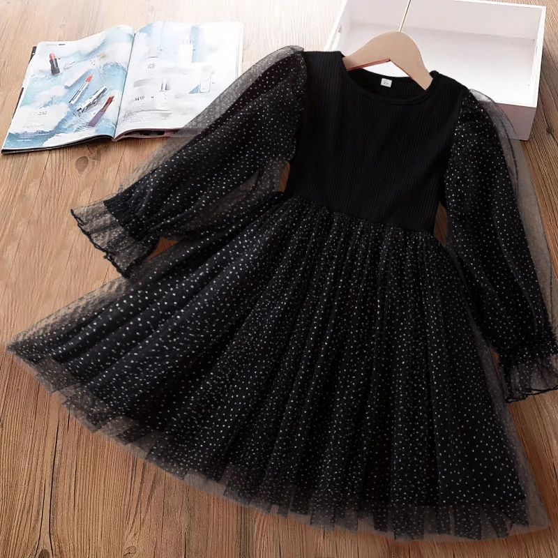 2025 New Girls Christmas Dress for Kids Autumn Full Sleeve Sequined Polka dots Tulle Princess Dress Children New Year Clothing