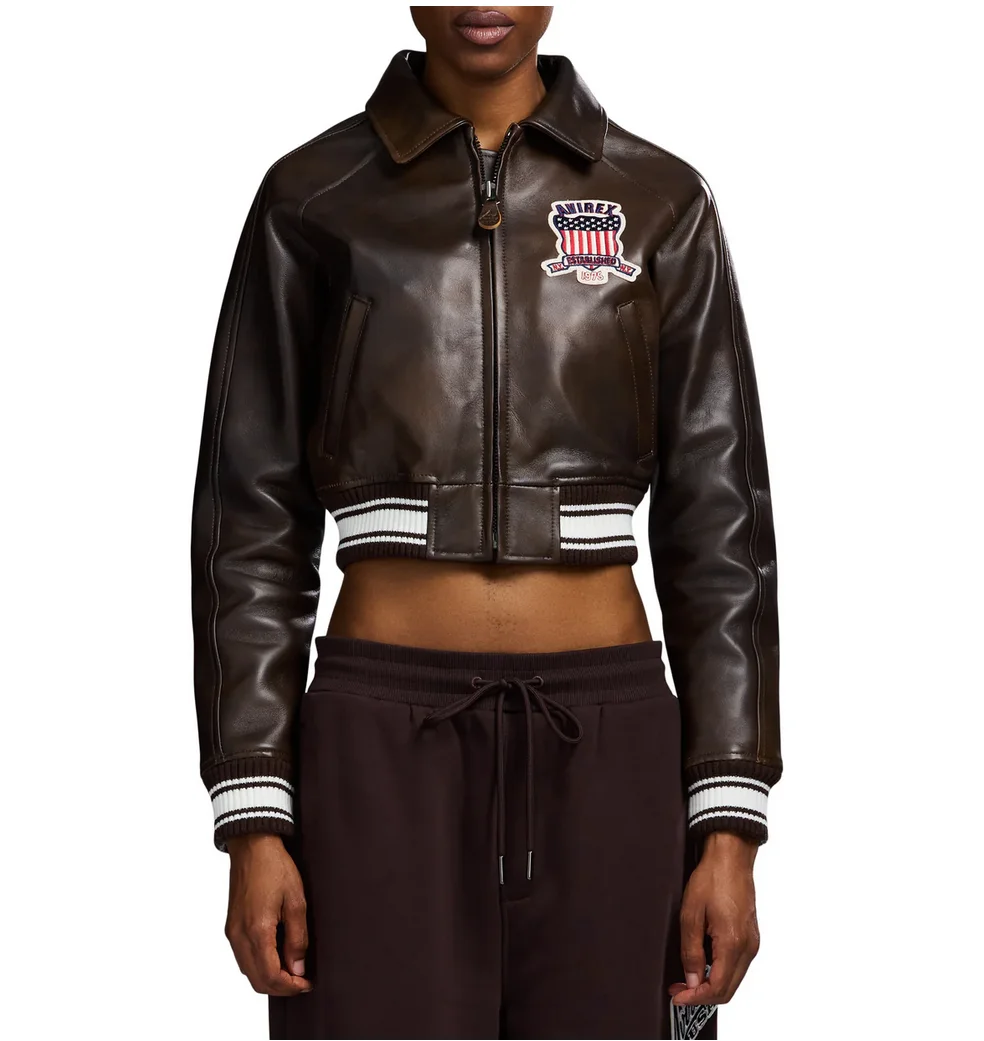 AVIREX 2025 خريف جديد وصول المرأة الأوروبية سترة جلد الخراف سترة رحلة عادية قصيرة طول خمر براون جلد طبيعي