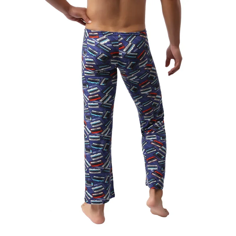 Mens Long Pants Blue Printed Classic Thin Casual Loose Waist Pajama Pants