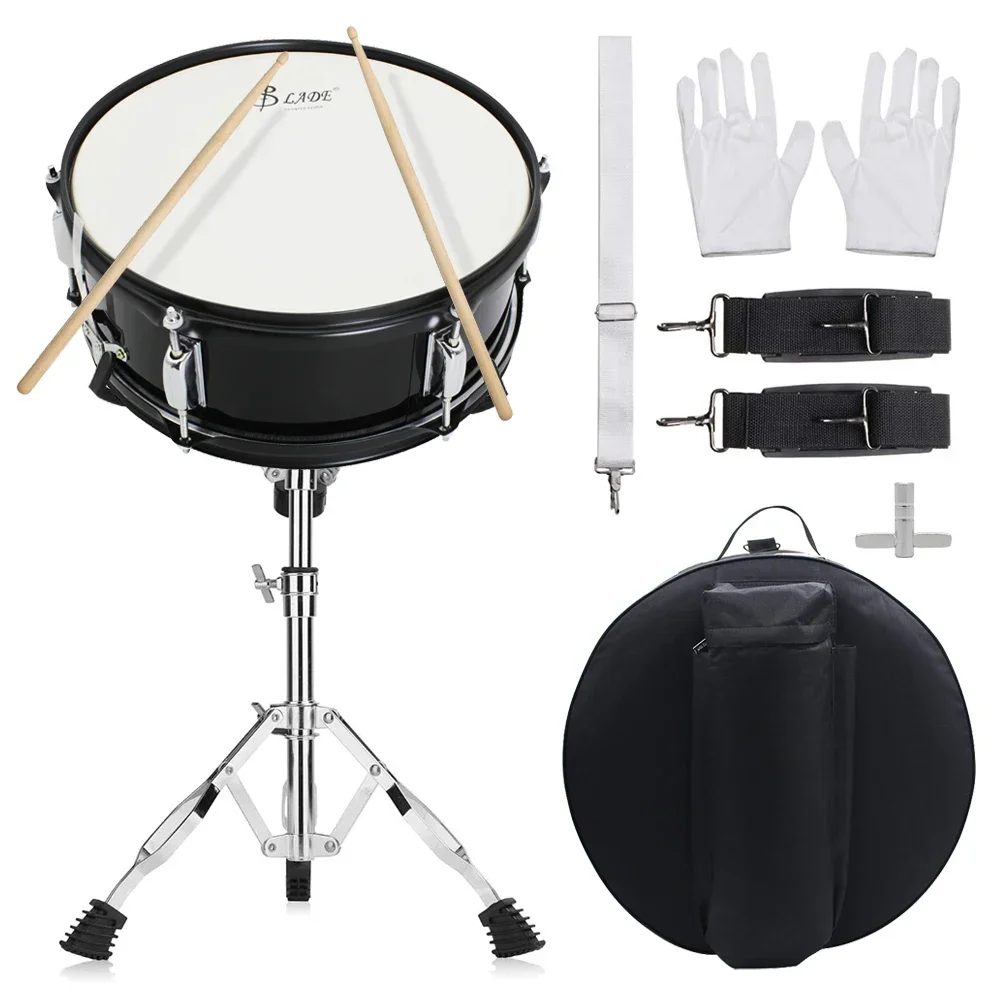 14 Inches Snare Drum Black Metal Drum Set with 1 Pair Maple Drumstick Strap Strand Percussion Instrument for Students Beginners