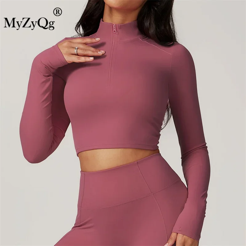 MyZyQg Women Zipper Tight Long Sleeve Yoga Clothing Sports T-shirt Fall and Winter High-intensity Quick-dry Running Fitness Tops