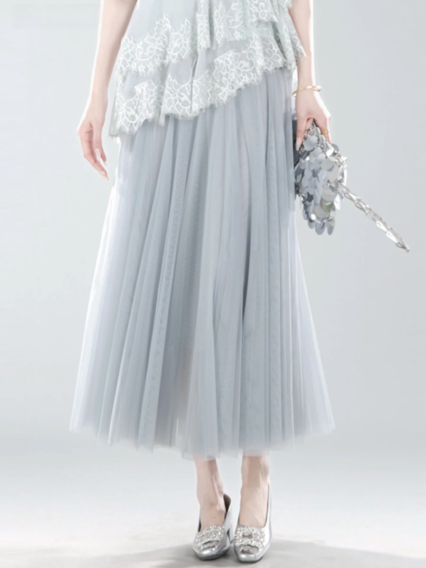 

Annelily Luxury Semi-Formal Skirt Angel Design Spring Summer Slimming A-Line Polyester Fiber Elastic Waist Skirt