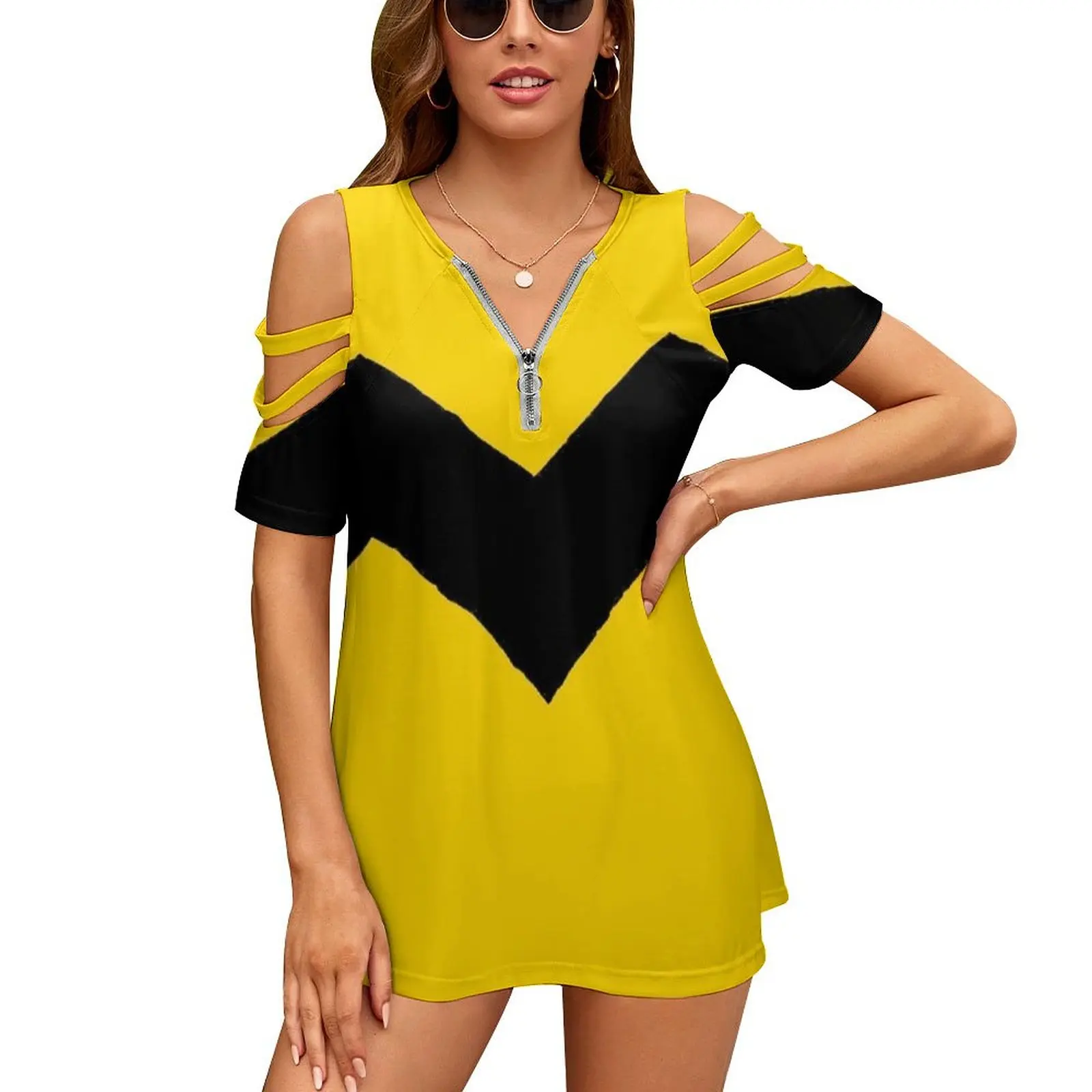 Zig-Zag Yellow Shirt Women's T-Shirt Summer Fashion Print Floral V-Neck Zipper Tshirt Hollow Pullover Ladies Top Zig Zag Yellow