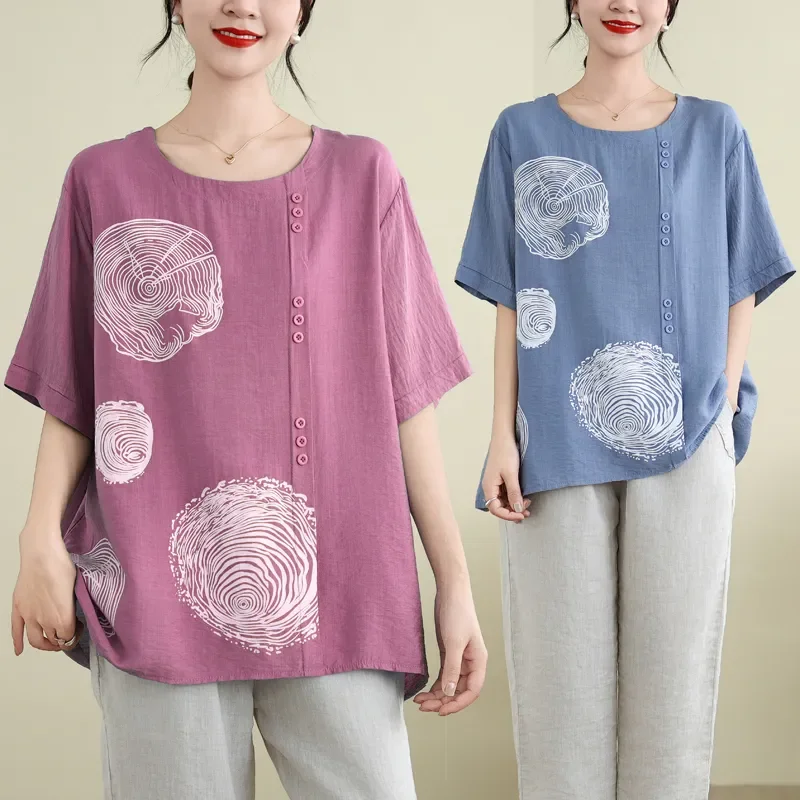 Blue Short-Sleeve Blouse Abstract Circular Print Side Button Design Loose Casual Fit
